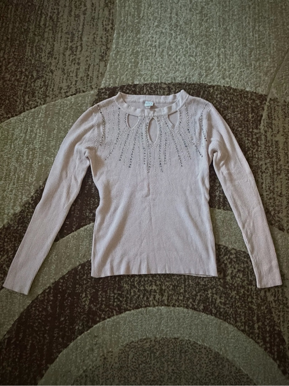 VILA Blush Pink Ribbed Long-Sleeve Top with Embellished Keyhole